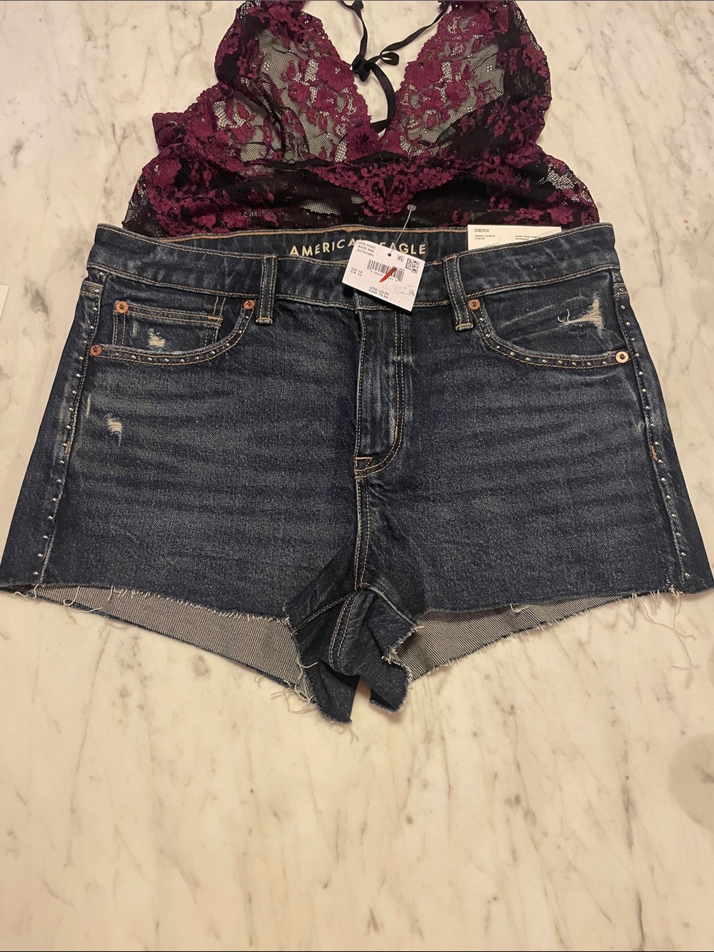 American Eagle Outfitters Dark Blue Denim Cutoff Stretch Shorts with Raw Hem S10